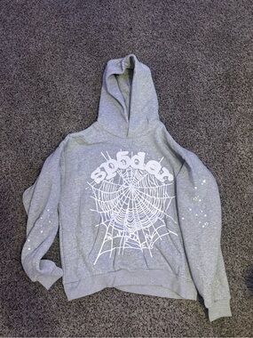 Sp5der Gray Hoodie with White Spiderweb Graphic